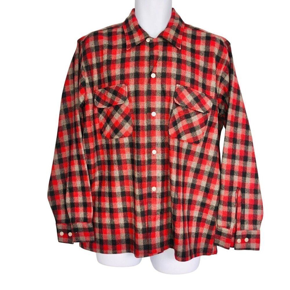 Vintage 70s Envoy Mens Board Shirt L Red Black Plaid Long Sleeve Wool